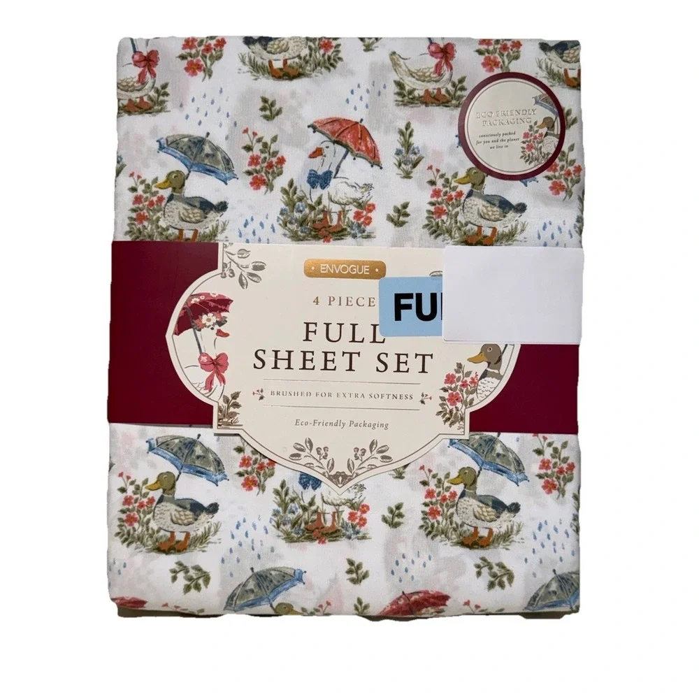 En‎ Vogue Full Sheet Set Spring Duck Umbrella Floral Print 4 Piece New